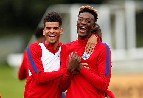 Football Soccer - England Under 21 Training - Burton Upon Trent, Britain - August 30, 2017 England's Dominic Solanke and Tammy Abraham during training Action Images via Reuters/Andrew Boyers