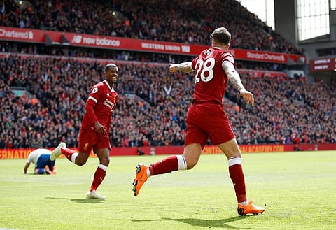 Soccer Football - Premier League - Liverpool v Stoke City - Anfield, Liverpool, Britain - April 28, 2018 Liverpool's Danny Ings celebrates with Georginio Wijnaldum after scoring a goal that is later disallowed Action Images via Reuters/Carl Recine EDITORIAL USE ONLY. No use with unauthorized audio, video, data, fixture lists, club/league logos or "live" services. Online in-match use limited to 75 images, no video emulation. No use in betting, games or single club/league/player publications. Please contact your account representative for further details.