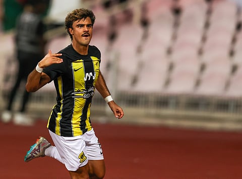MECCA, SAUDI ARABIA - AUGUST 28: Jota of Al-Ittihad celebrates after scoring his sides second goal during the Saudi Pro League match at King Abdul Aziz Stadium on August 28, 2023 in Mecca, Saudi Arabia. (Photo by Abdul Ghani Bashir Issa/MB Media/Getty Images)