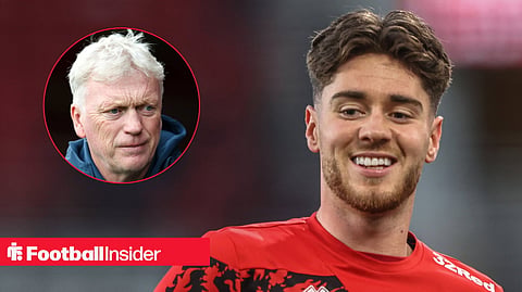 Main image of Hayden Hackney smiling while warming up for Middlesbrough with Everton manager David Moyes' face in circular inset on the left
