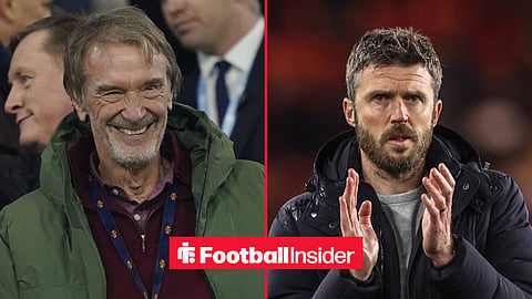 Jim Ratcliffe smiling at Old Trafford, with Michael Carrick on the sidelines