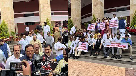 'या' कारणामुळे सत्ताधारी आमदारांचं विधानसभेच्या पायऱ्यांवर आंदोलन; उद्धव ठाकरेंनी उत्तर देण्याची मागणी