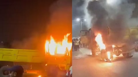 वाळू डम्परच्या धडकेत बालक ठार; दोन जखमी, संतप्त जमावाने डम्पर पेटवले