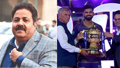 (डावीकडून) राजीव शुक्ला, रॉजर बिन्नी, श्रेयस अय्यर आणि जय शहा