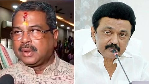 केंद्रीय मंत्री धर्मेंद्र प्रधान, तमिळनाडूचे मुख्यमंत्री एम. के. स्टॅलिन (डावीकडून)