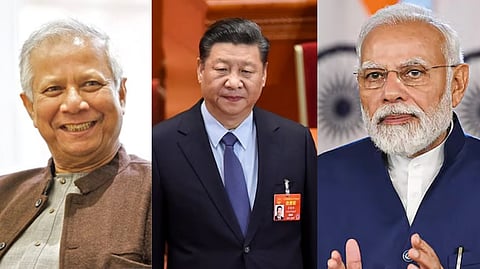 बांगलादेशच्या हंगामी सरकारचे सल्लागार मोहम्मद युनूस, चिनचे राष्ट्राध्यक्ष शी जिनपिंग, पंतप्रधान नरेंद्र मोदी (डावीकडून)