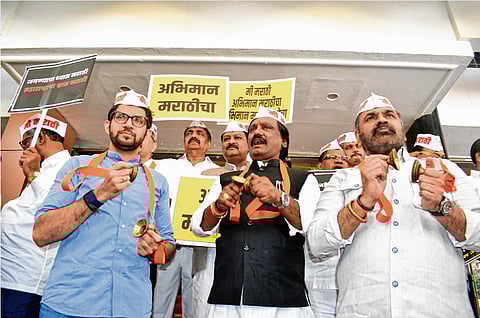 विधिमंडळाच्या पायऱ्यांवर ‘मी मराठी’चा जागर