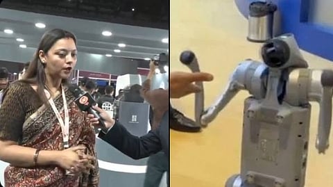 चिनी रोबोटला डेव्हलप केल्याचा दावा करणाऱ्या गलगोटिया विद्यापीठाच्या सहाय्यक प्राध्यापक नेहा सिंग आणि दुसऱ्या बाजूला रोबोट