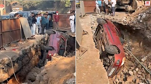 सेंचुरी रेयॅान शाळेसमोर खड्ड्यात कार कोसळली; स्थानिकांच्या तत्परतेने पाच जणांचा जीव वाचला
