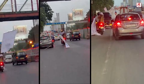 Thane : दुचाकीस्वाराच्या डोक्यावर कोसळला वाढदिवसाचा बॅनर; Video व्हायरल