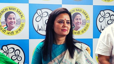 Mahua Moitra speaking at a press conference in Panaji