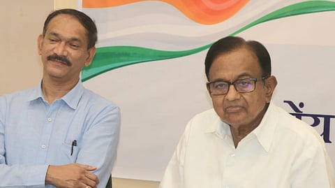 AICC Goa in charge P Chidambaram with GPCC president Girish Chodankar addressing a press conference