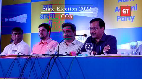 Arvind Kejriwal addressing a press conference in Panaji.