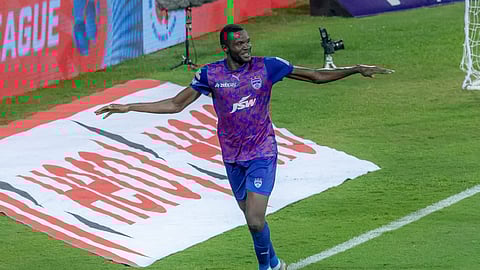 Prince Ibara celebrates after scoring against Mumbai City FC.