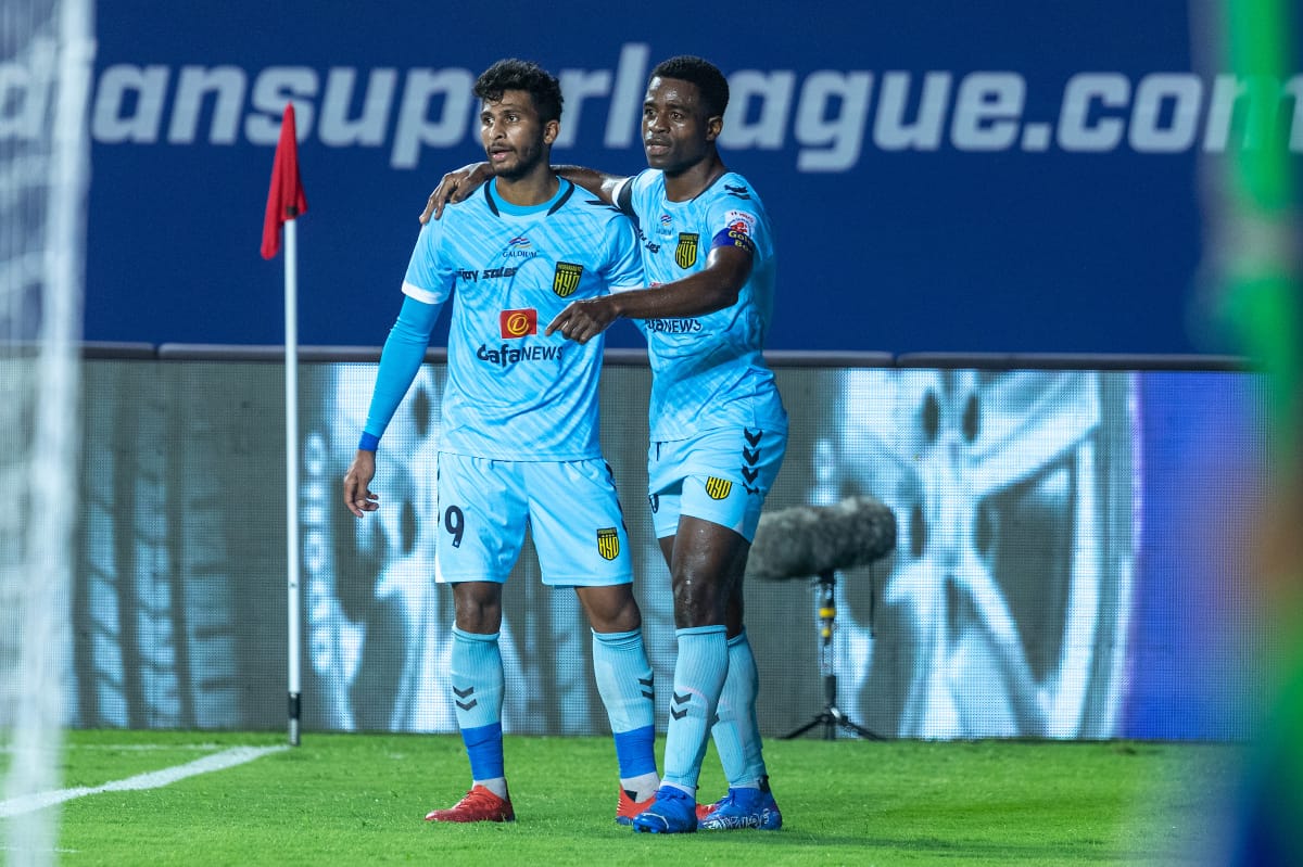 Ankit Jadhav and Bartholomew Ogbeche celebrate after scoring their third goal in the first half.