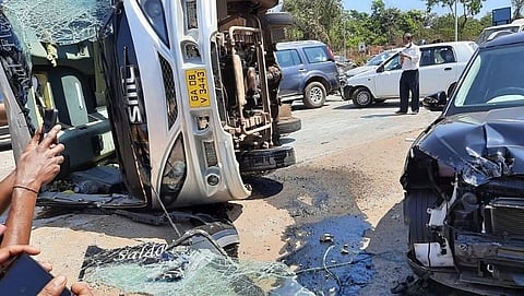 The speeding bus collided into two cars before it crashed near the GMC