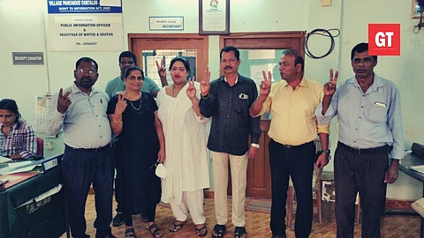 Cortalim panch members show victory sign after electing new sarpanch 