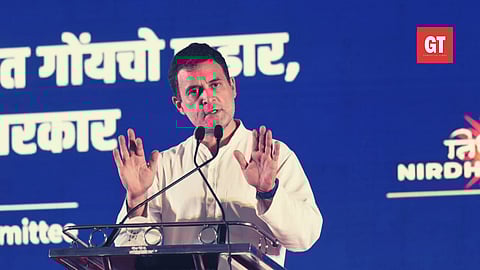 Rahul Gandhi addressing gathering at Sanquelim on Friday