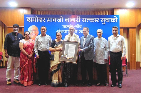 Damodar Mauzo being felicitated by N Ram at a felicitation function held at Ravindra Bhavan, Margao, recently