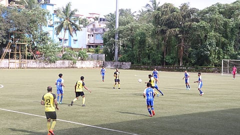 Dempo SC Juniors and St Anthony SC Marna-Siolim players in action during the inaugural match of the 18th Edition of Goa Police Football Cup on Monday at Duler.