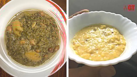 Aalu vegetable with hog plums(left) and Kichdi (right) are prepared at this time of year