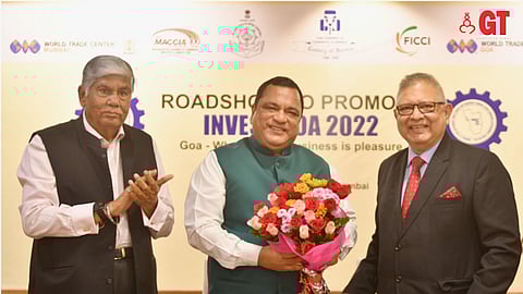 (L to R): Chairman, MVIRDC WTC Mumbai, Dr Vijay Kalantri; Minister for Transport, Industries, Panchayat and Protocol, Mauvin Godinho; and president, Goa Chamber of Commerce & Industry, Ralph de Souza at the Roadshow to 'Invest Goa 2022', held at WTC Mumbai