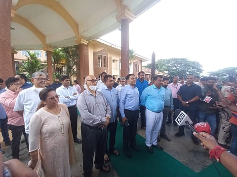 Congress defector Digambar Kamat addresses the media along with Chief Minister Pramod Sawant and other leaders.