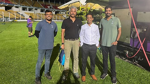 Executive Director of SAG, Ajay Gaude (2nd from R), with FIFA officials after having a rundown on the hybrid pitch being laid by the world football body.