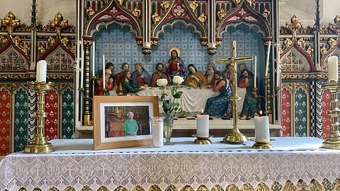 Display on the inner altar of Mitcham Parish Church. The Queen always displayed a commitment to God and her faith.