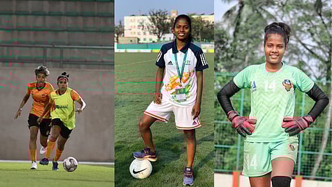 (From L to R) Goa's women footballers Michelle Castanha, Karishma Shirvoikar and Prithi Kesraker.