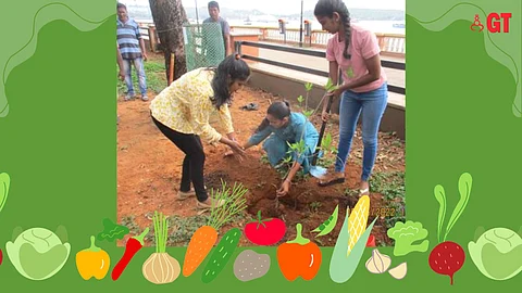 Young agriculture graduates plant fruit tree grafts on the roadside in Panjim on the occasion of World Environment Day on June 5, 2022