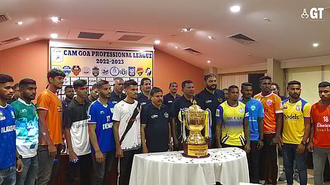 Together in it: Captains of the eleven teams participating in CAM Goa Professional League with GFA President and CAM Industries owner Caitano Fernandes.
