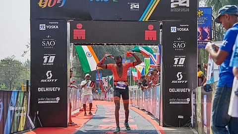 Nihal Baig at the finish line to win the Ironman 70.3 Goa race.