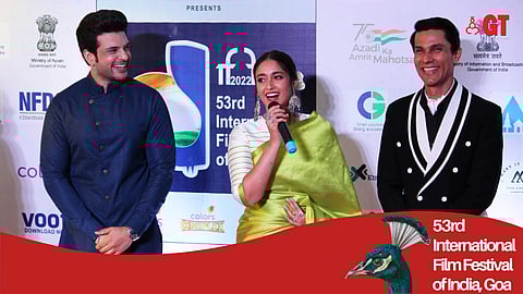 (From L to R) Karan Kundrra, Ileana D'Cruz and Randeep Hooda on the red carpet at IFFI, Goa.