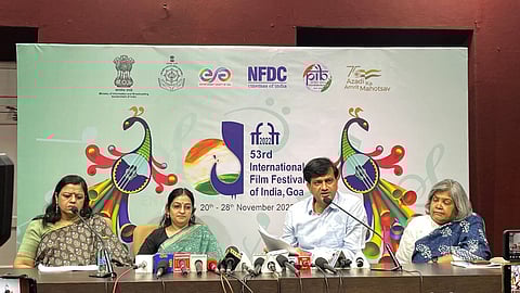 Ravinder Bhakar, Managing Director of NFDC, addressing media persons along with Swetika Sachan, CEO of Entertainment Society of Goa.