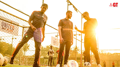 Manchester United's first team players Anthony Elanga, David De Gea and Donny van de Beek (L-R) here in Goa.