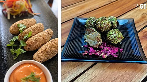 Peri Peri Chicken & Cashew Croquette (left), Pistachio & Chocolate Doce (right)
