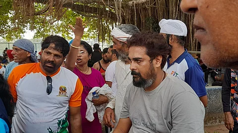Athletes from India protesting at SAG'S Peddem ground after feeling cheated by organizers of the International Masters Athletic Meet.