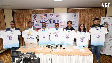 (L-R) Savio Rodrigues, R Venkatesh, Avinash Singh Parmar, Umesh Naik, Guirish Sawant, Shephan Sheikh and Harsh Thakkar unveil the official jersey for the Goa Tourism Nuron Rotary Rain Run 2023.
