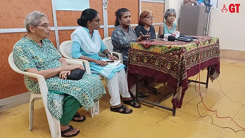 Maria Angelica D'Souza of Saad Aangam Group (3rd from left) addresses the media persons. Also present are retired teacher Lisa Pires (extreme left), Vanaja J of Goa Domestic Workers Union (2nd from left) Advocate Albertina Almeida (2nd from right) and writer Amita Kanekar (extreme right).