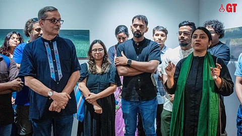Lina Vincent with the SAIL team at the opening of the exhibition 'In Between – within the vacuum of space, we find presence in multitudes', which ends on July 15, 2023, at the Sunaparanta Goa Centre for the Arts in Panjim.