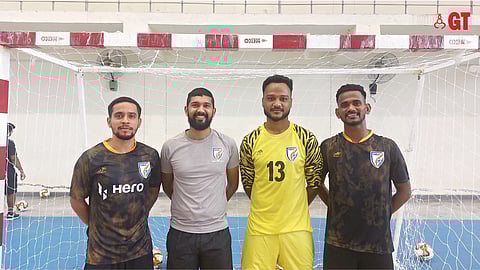 (L to R) Sachin Patil (Mohammaden SC), Joshua Vaz (Head Coach Indian Futsal National Team), Augustin D'mello (Mohammedan SC) and Kashinath Rathod (Delhi FC) - the 3 Goans shortlisted as part of 22 players for the 2nd phase of the Preparatory Camp currently taking place in Tarn Taran, Amritsar, to select the Indian National Futsal Team, which will participate in the AFC Asian Futsal qualifiers in Tajikistan from  October 7-11, 2023.