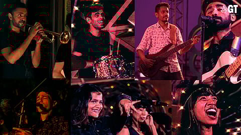 Roz Angon band comprising (clockwise from top left) Rohit Gupta - trumpet; Vaibhav Jaiswal - drums, Joe Ferrao - bass; Joe Neil Gomes - vocals/guitar/keys; David Goren - saxophone; Sampriti Dastidar and Kaprila Keishing - vocals.