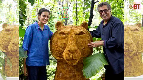 (L-R) Museum of Goa operational head Sharada Kerkar and her father, artist Dr Subodh Kerkar, pose with the latter’s latest creation, a tiger bust sculpted from wild mushrooms.