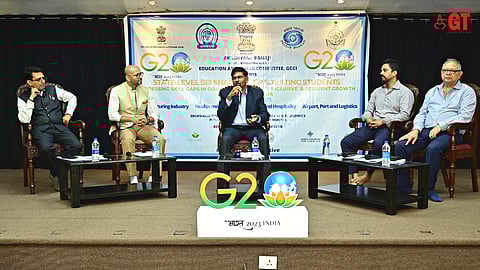 L-R: Nilesh Shah, the president of Travel and Tourism Association of Goa; Saurabh Khanna, the general manager of The Park Hotel; Dr Pradeep B Salgaonkar, the moderator; Prahlad Sukhtankar, the National Restaurants Association of India (Goa Chapter) head and Ralph De Souza, chairman of De Souza Group and former president of Goa Chamber of Commerce and Industry during the seminar ‘Addressing Skill Gaps in Goa for Accelerated, Inclusive & Resilient Growth for Graduating Students' in Panjim.