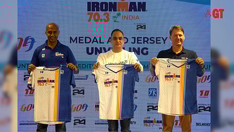(From L to R) Deepak Raj, Chief Executive Officer of Yoska and franchise owner of the Ironman brand in India; V S Ganeshan, Director Marketing, Herbalife and Jeff Edwards, CEO and MD of IRONMAN Asia unveiling the official jersey of the event.