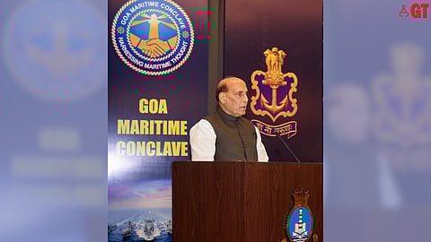 Defence Minister Rajnath Singh seen delivering the keynote address at the fourth edition of Goa Maritime Conclave (GMC) on October 30, 2023.