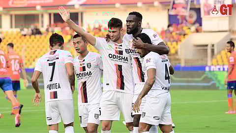 OFC's Mourtada Fall celebrating his goal against FC Goa at the Fatorda Stadium on Saturday.