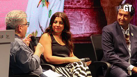 Moderator Rajeev Masand interacting with director and producer Zoya Akhtar during the 'In Conversation' session at IFFI on Tuesday.