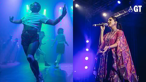 (Left) A still from the high-octane performance by Ouinch Ouinch Collective on the last day of the festival and (right) Indian playback singer Shilpa Rao performing at the closing event.